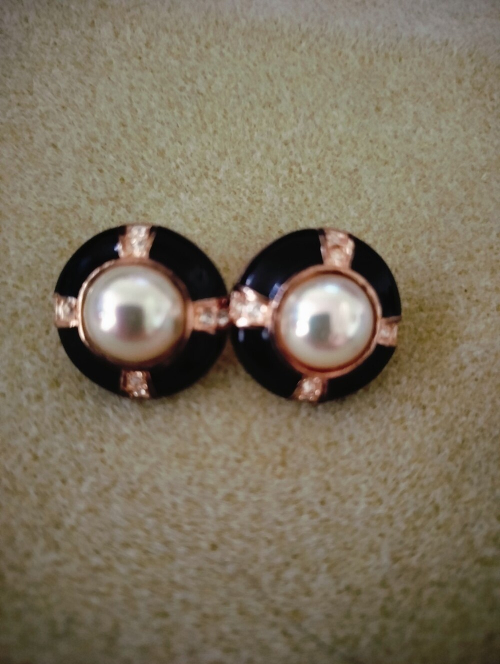 Vintage Signed ROMAN Black Enamel & Faux Mabe Pearl Button Earrings